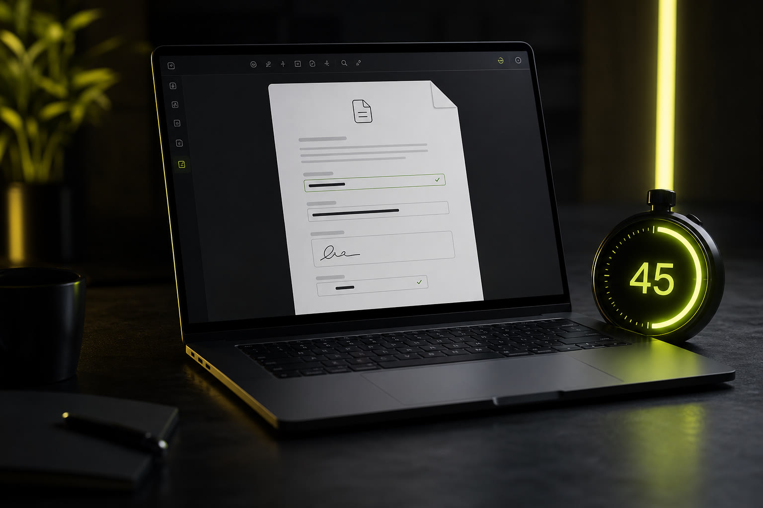 Speed timer on a dark desk with laptop