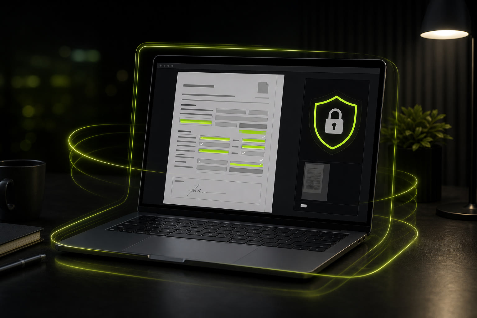 Laptop with padlock shield beside PDF