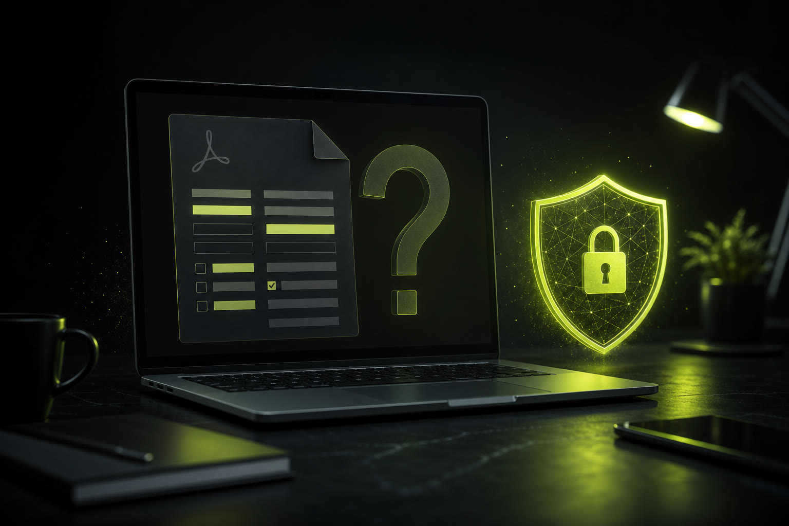 Question mark with shield for PDF privacy